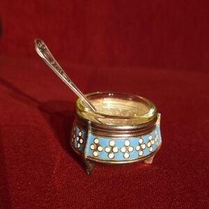 Antique Silver and Gold Salt Dish With A Spoon